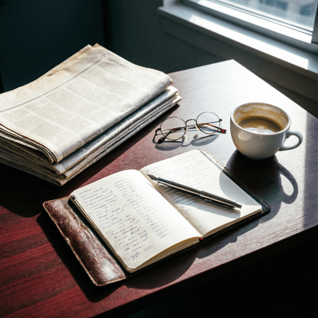 Escritorio de periodista con libreta, pluma y periódicos
